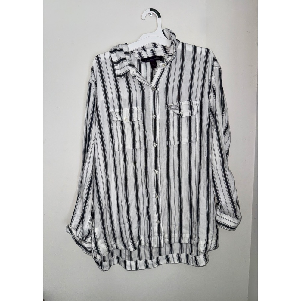 Gloria Vanderbilt Womens Large Striped Button Down Shirt Roll Tab Sleeve White